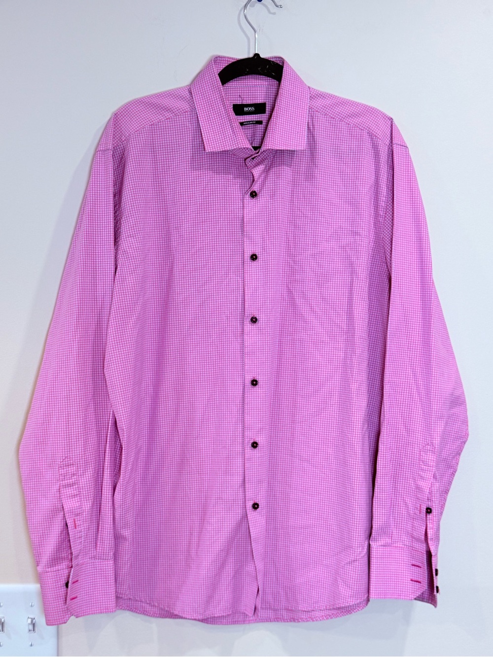🔥BOSS Men's Pink Check Dress Shirt Size 17 EC🔥